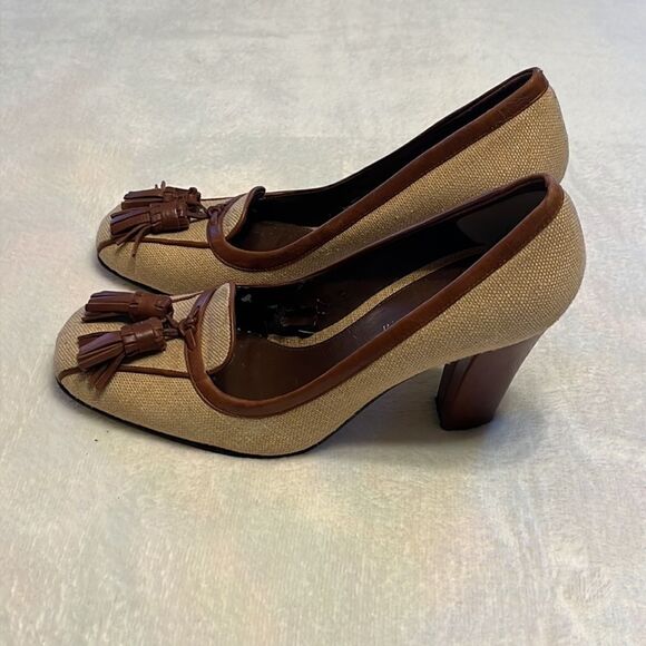 Enzo Angiolini Brown Fabric Tweed Heels Tassel Trim - Size 7.5 - Picture 2 of 14